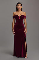 Load image into Gallery viewer, Burgundy Velvet Off The Shoulder Sheath Long Formal Dress with Slit