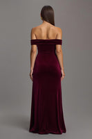 Load image into Gallery viewer, Burgundy Velvet Off The Shoulder Sheath Long Formal Dress with Slit