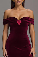 Load image into Gallery viewer, Burgundy Velvet Off The Shoulder Sheath Long Formal Dress with Slit