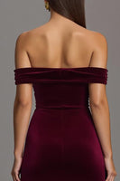 Load image into Gallery viewer, Burgundy Velvet Off The Shoulder Sheath Long Formal Dress with Slit