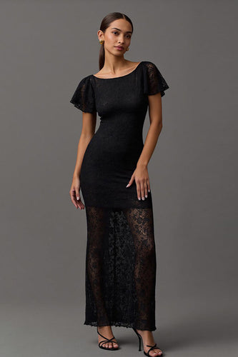 Black Sheath Boat Neck Long Lace Formal Dress with Sleeves