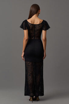 Black Sheath Boat Neck Long Lace Formal Dress with Sleeves