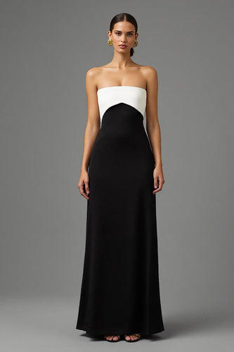 Black and White Strapless Long Formal Dress with Bow