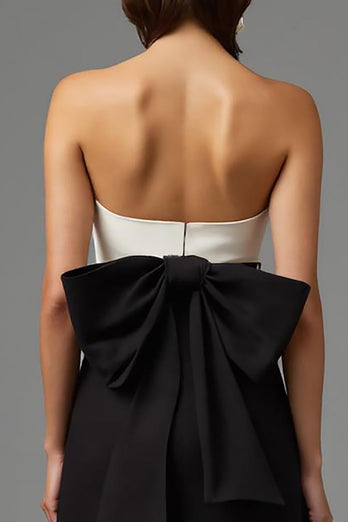 Black and White Strapless Long Formal Dress with Bow