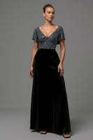 Load image into Gallery viewer, Sparkly Black and Grey A Line Velvet Long Formal Dress with Sequins