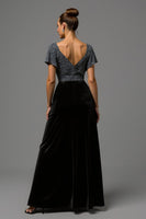 Load image into Gallery viewer, Sparkly Black and Grey A Line Velvet Long Formal Dress with Sequins