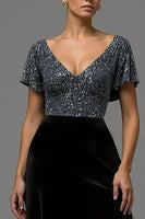 Load image into Gallery viewer, Sparkly Black and Grey A Line Velvet Long Formal Dress with Sequins