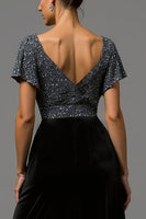 Load image into Gallery viewer, Sparkly Black and Grey A Line Velvet Long Formal Dress with Sequins