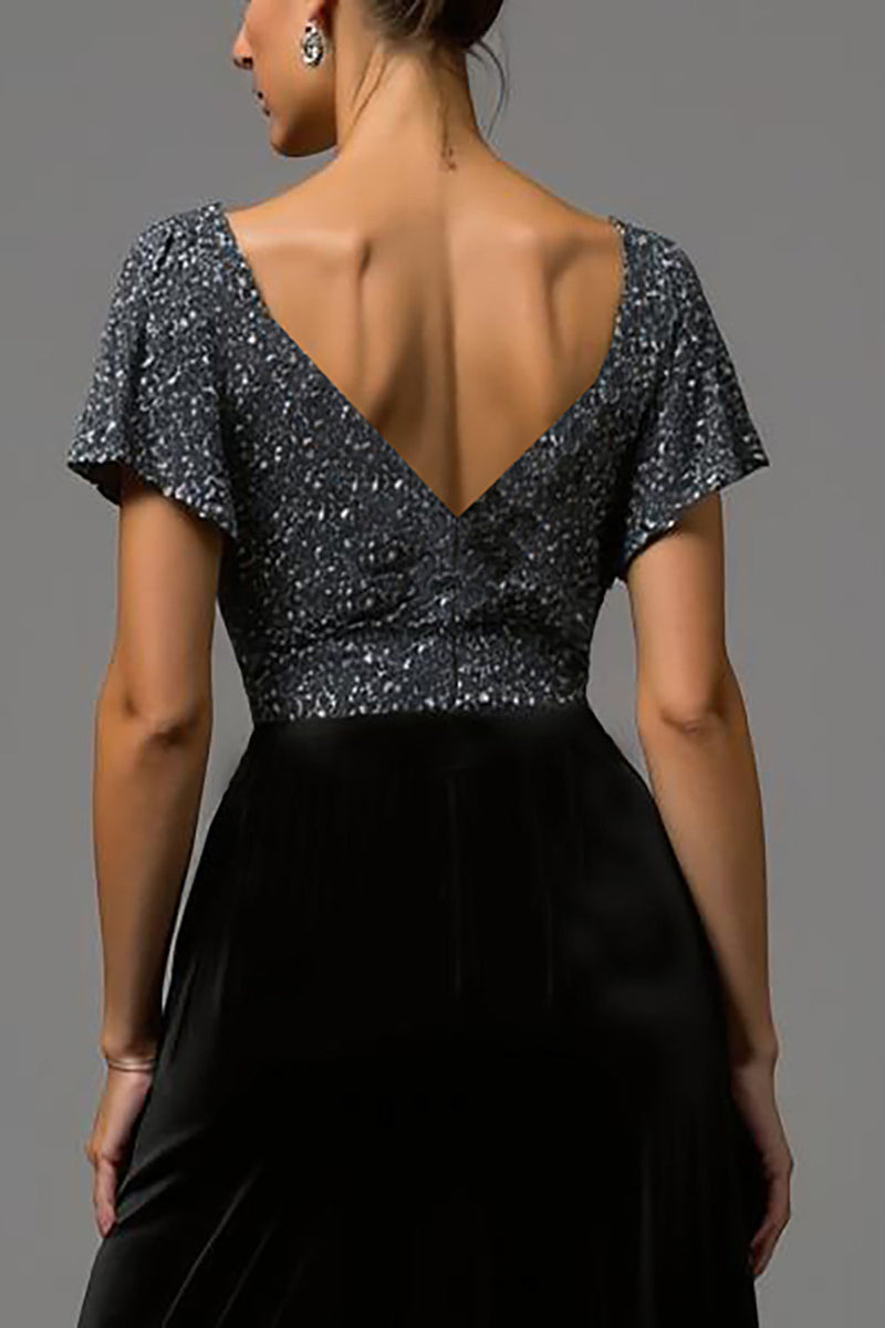 Load image into Gallery viewer, Sparkly Black and Grey A Line Velvet Long Formal Dress with Sequins