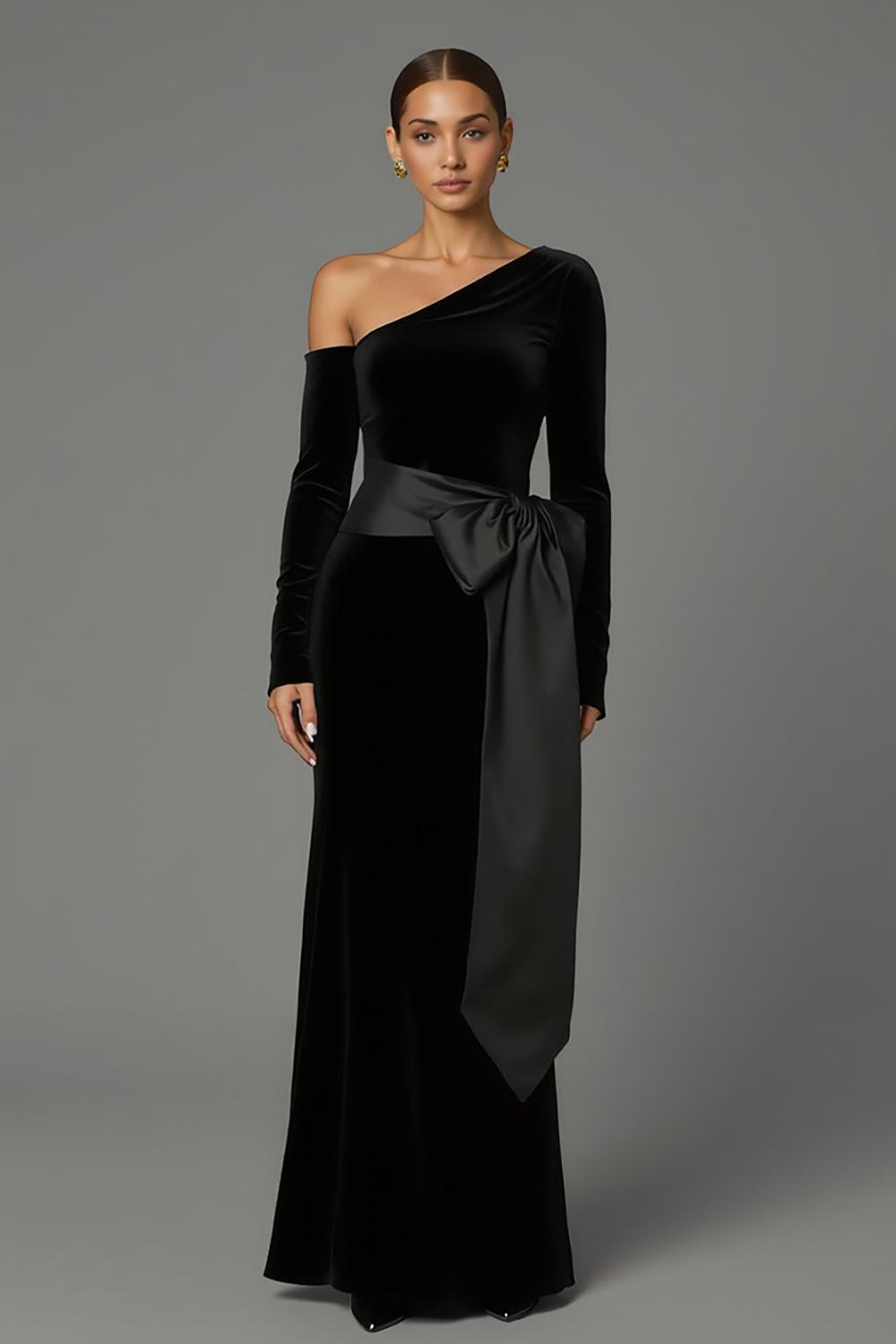 Black One Shoulder Long Sleeves Velvet Formal Dress with Bow