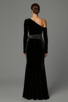 Black One Shoulder Long Sleeves Velvet Formal Dress with Bow
