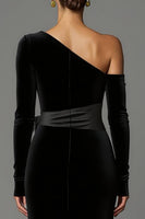 Load image into Gallery viewer, Black One Shoulder Long Sleeves Velvet Formal Dress with Bow