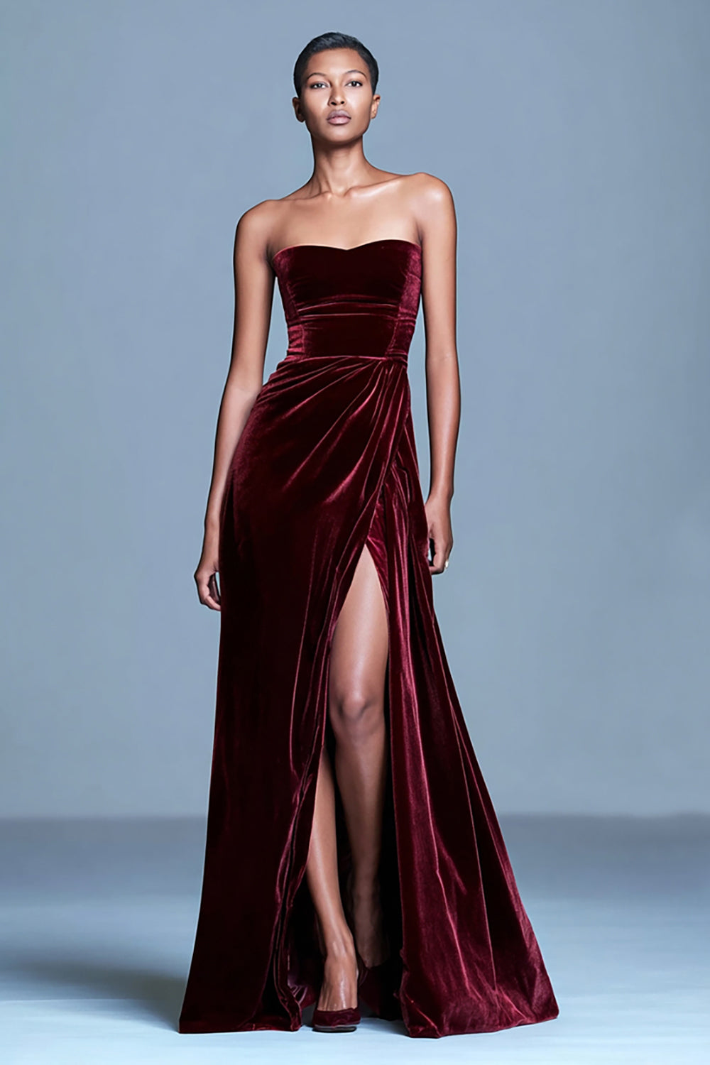 Burgundy Velvet Strapless Long Formal Dress with Slit