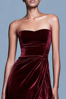 Load image into Gallery viewer, Burgundy Velvet Strapless Long Formal Dress with Slit