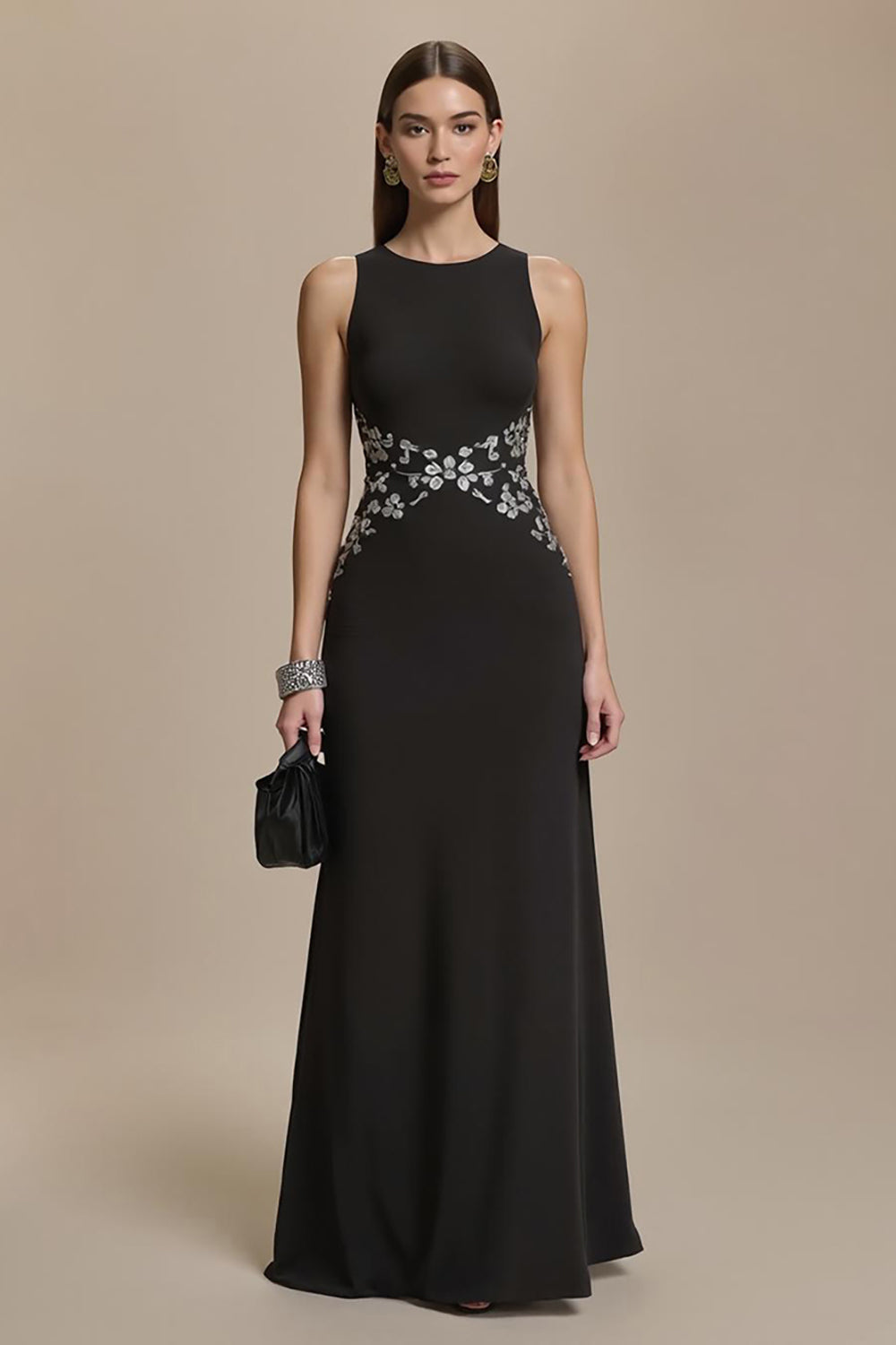 Black Round Neck Sheath Sleeves Long Formal Dress