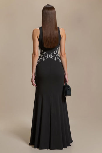 Black Round Neck Sheath Sleeves Long Formal Dress
