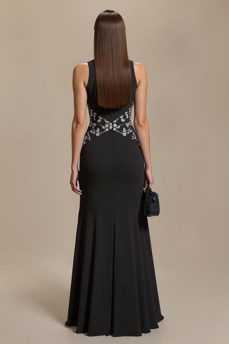 Load image into Gallery viewer, Black Round Neck Sheath Sleeves Long Formal Dress