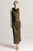 Load image into Gallery viewer, Sparkly Olive Sequin Cowl Neck Sheath Long Formal Dress