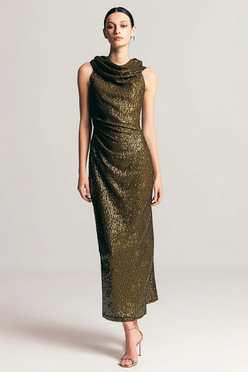 Sparkly Olive Sequin Cowl Neck Sheath Long Formal Dress