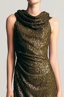 Load image into Gallery viewer, Sparkly Olive Sequin Cowl Neck Sheath Long Formal Dress