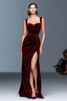 Load image into Gallery viewer, Burgundy Thick Straps Velvet Ruched Long Formal Dress with Slit