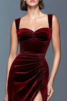 Load image into Gallery viewer, Burgundy Thick Straps Velvet Ruched Long Formal Dress with Slit