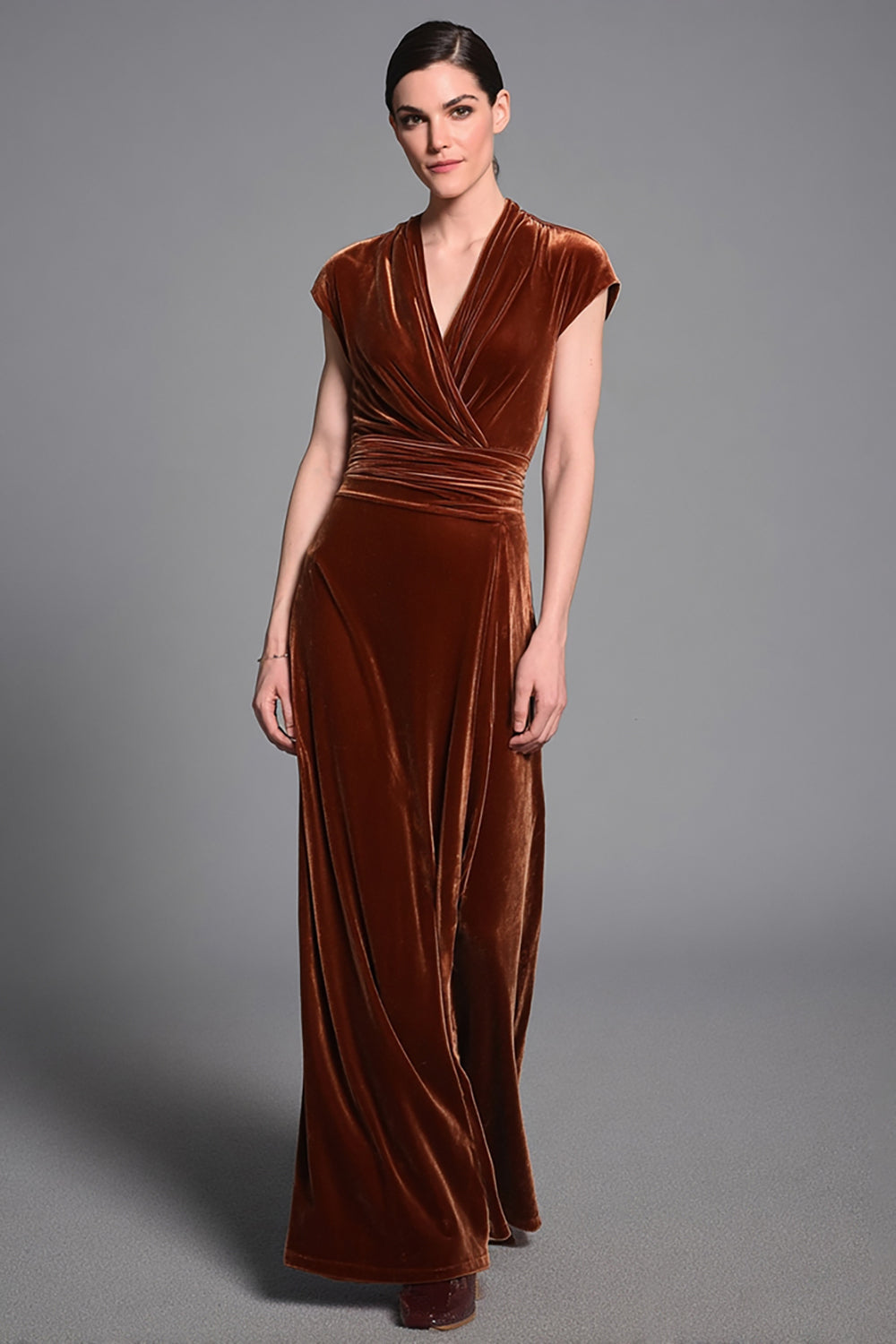 Caramel V-Neck Ruched Sheath Velvet Long Formal Dress