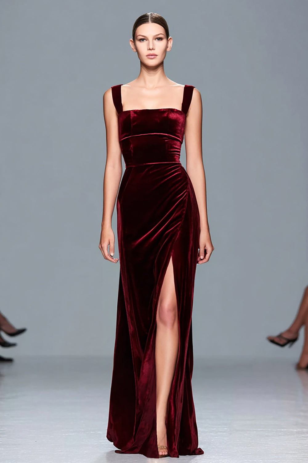 Burgundy Thick Straps Velvet Long Formal Dress with Slit
