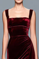 Load image into Gallery viewer, Burgundy Thick Straps Velvet Long Formal Dress with Slit