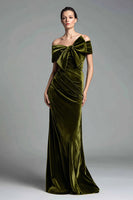 Load image into Gallery viewer, Olive Velvet Off the Shoulder Sheath Long Formal Dress with Bow