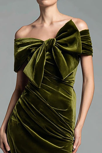 Olive Velvet Off the Shoulder Sheath Long Formal Dress with Bow