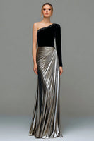 Load image into Gallery viewer, Sparkly Black and Grey Metallic One Shoulder Long Formal Dress