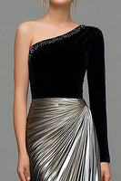 Load image into Gallery viewer, Sparkly Black and Grey Metallic One Shoulder Long Formal Dress