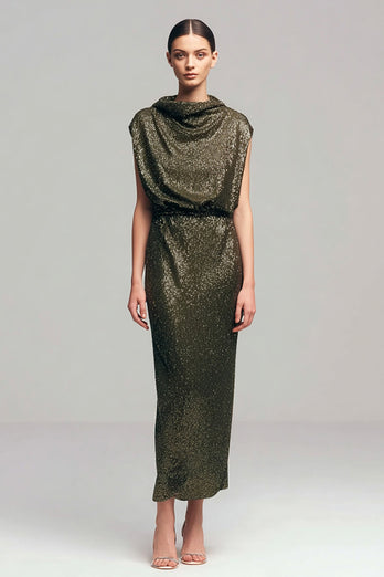Sparkly Olive High Neck Sheath Long Formal Dress
