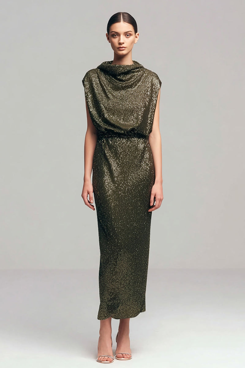 Load image into Gallery viewer, Sparkly Olive High Neck Sheath Long Formal Dress