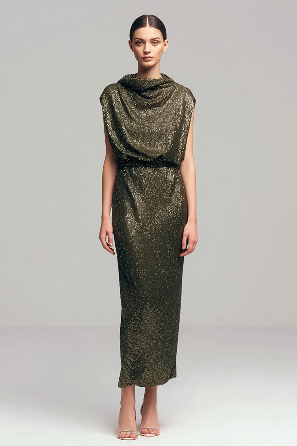 Sparkly Olive High Neck Sheath Long Formal Dress
