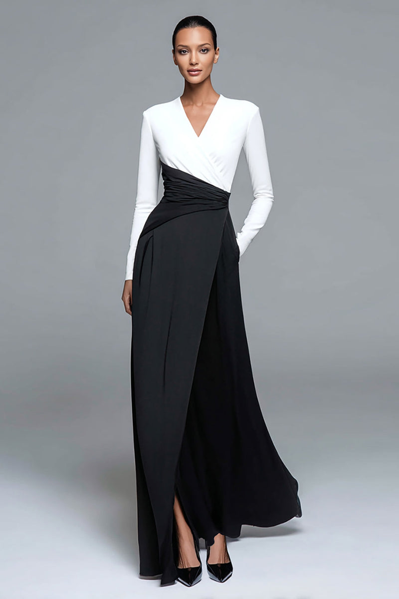Load image into Gallery viewer, Black and White Patchwork Long Sleeves Formal Dress with Slit
