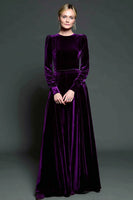 Load image into Gallery viewer, Dark Purple Velvet A Line Long Formal Dress with Long Sleeves