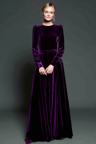 Dark Purple Velvet A Line Long Formal Dress with Long Sleeves