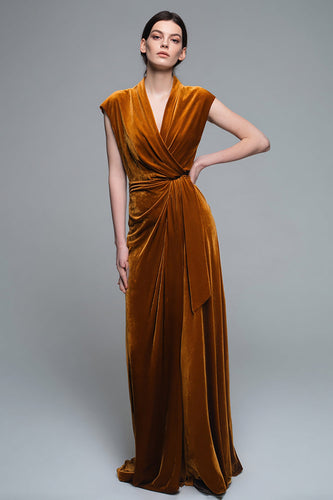 Caramel V-Neck Velvet Ruched Long A-Line Formal Dress