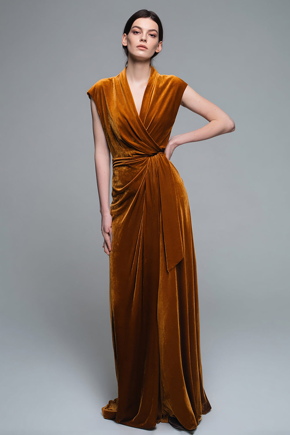 Caramel V-Neck Velvet Ruched Long A-Line Formal Dress