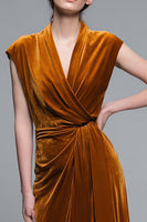 Load image into Gallery viewer, Caramel V-Neck Velvet Ruched Long A-Line Formal Dress
