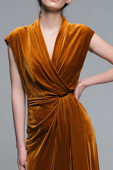Caramel V-Neck Velvet Ruched Long A-Line Formal Dress
