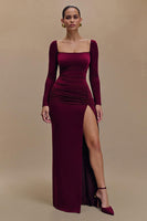 Load image into Gallery viewer, Burgundy Satin Square Neck Long Sleeves Formal Dress with Slit