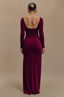 Load image into Gallery viewer, Burgundy Satin Square Neck Long Sleeves Formal Dress with Slit