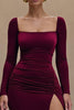 Load image into Gallery viewer, Burgundy Satin Square Neck Long Sleeves Formal Dress with Slit