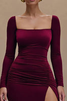 Load image into Gallery viewer, Burgundy Satin Square Neck Long Sleeves Formal Dress with Slit