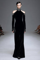 Load image into Gallery viewer, Black Velvet High Neck Long Sleeves Formal Dress with Beading