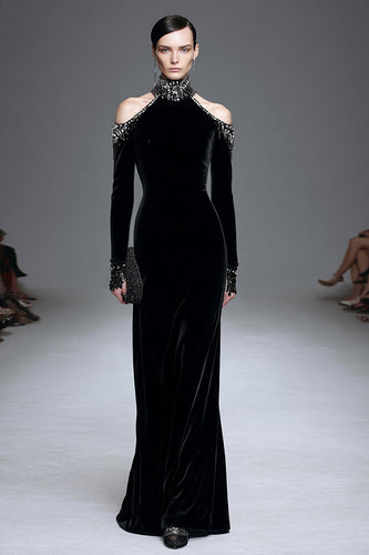 Black Velvet High Neck Long Sleeves Formal Dress with Beading