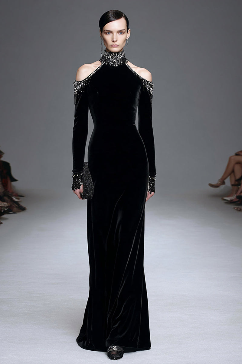 Load image into Gallery viewer, Black Velvet High Neck Long Sleeves Formal Dress with Beading